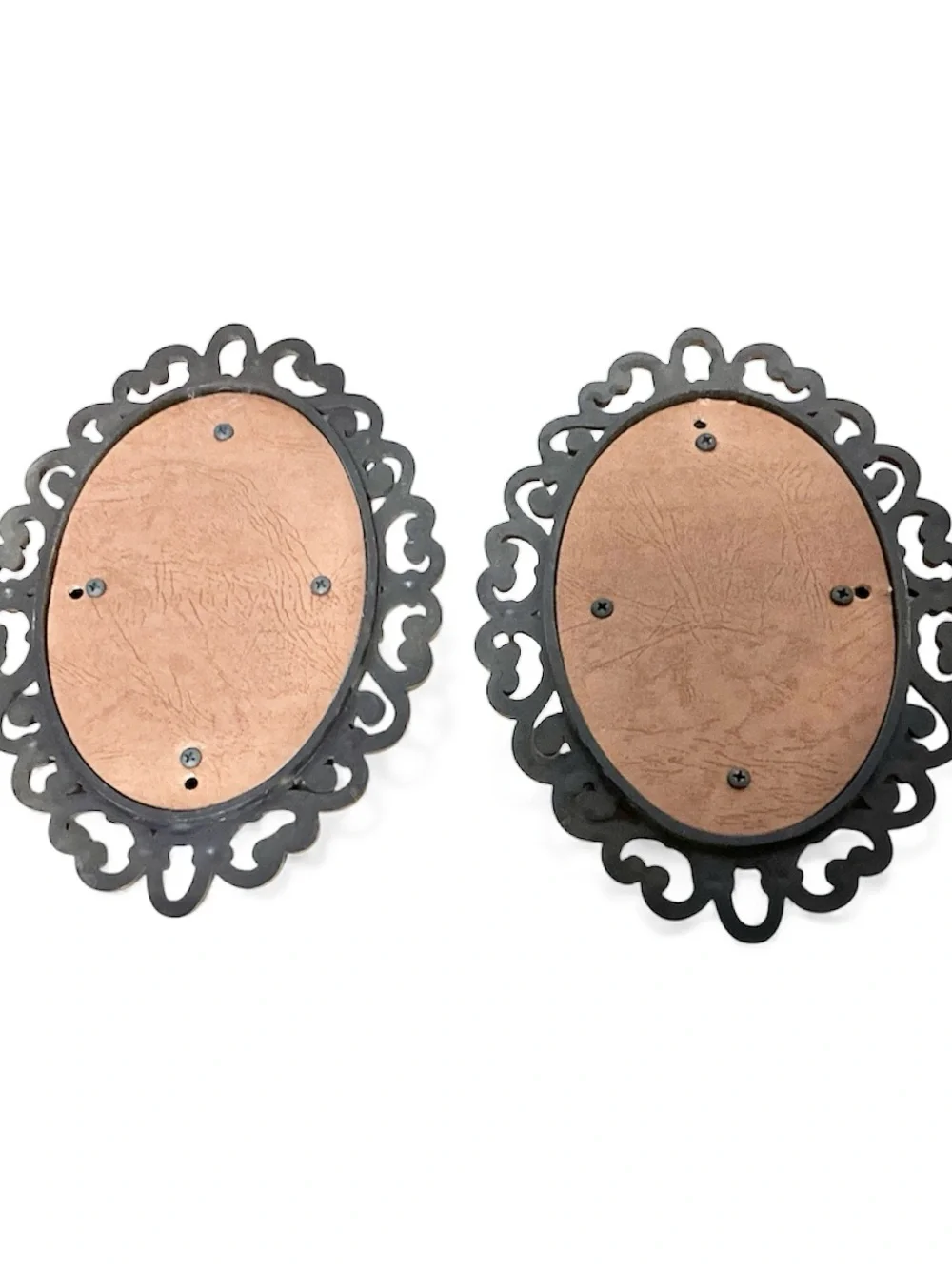 Two Vintage 1978 Dart by Homco Ornate Faux Brown Rattan Oval Mirrors